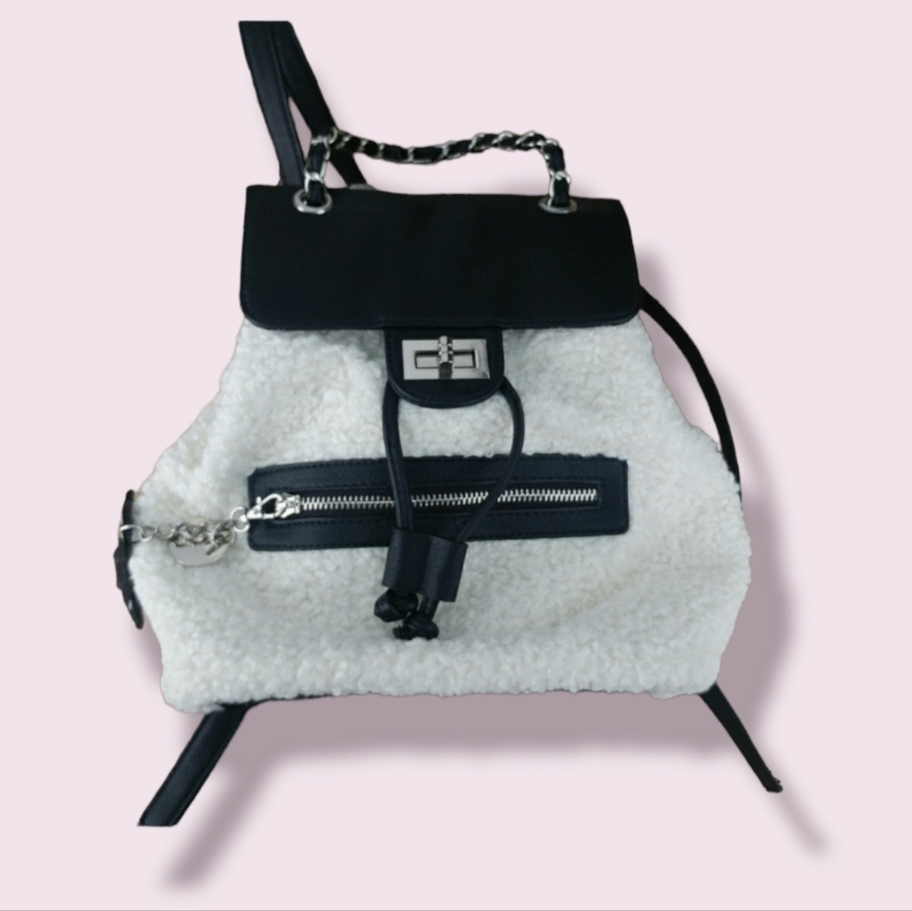NEW Call It Spring | Ivory White Faux Fur Sherpa Soft Small Backpack W/ Keychain